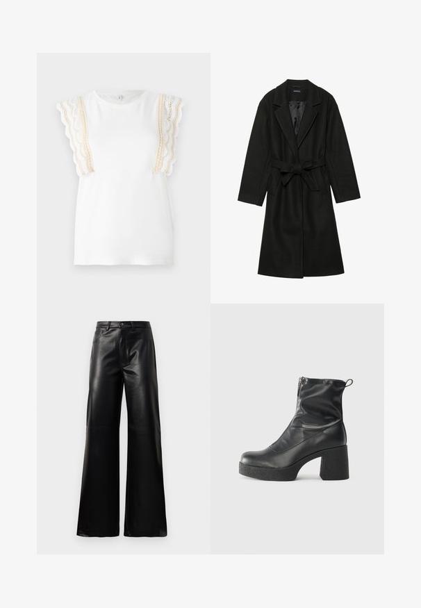Even&Odd BELTED COAT - Palton clasic - black; Tricou alb cu detalii de dantelă bej ondulată pe mâneci. Material din bumbac moale, guler rotund, croială obișnuită. Textură netedă, fără modele.; Pantaloni negri cu talie înaltă, largi, din piele sintetică, cu nasture frontal, închidere cu fermoar, bucle pentru centură și buzunare laterale pe fundal alb.; Bocanci negri de glezna din piele netedă, cu fermoar lateral, toc texturat și masiv, și design cu vârf rotund.