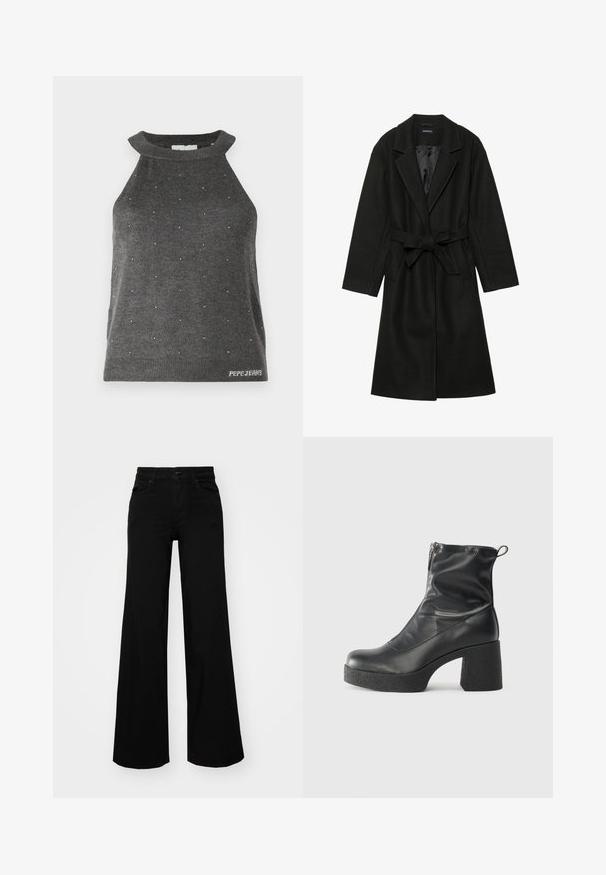 Even&Odd BELTED COAT - Classic coat - black; Gray sleeveless top with a high neck, featuring small silver embellishments scattered throughout and a ribbed hem with "Pepe Jeans" logo.; Black wide-leg pants made of denim, featuring a structured waistband, belt loops, and front pockets. Smooth texture with a classic design.; Black ankle boots made of smooth leather, featuring a side zipper, chunky textured heel, and rounded toe design.