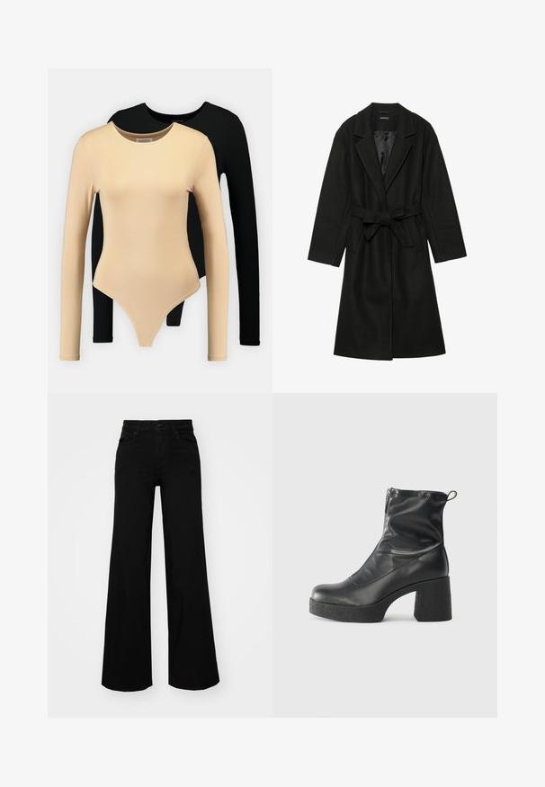 Even&Odd BELTED COAT - Cappotto classico - black; Due bodysuit a maniche lunghe: uno beige con una texture liscia e scollatura arrotondata, l'altro nero. Entrambi presentano un design aderente e una coulisse a stringa.; Pantaloni neri a gamba larga in denim, con una vita strutturata, passanti per la cintura e tasche frontali. Texture liscia con un design classico.; Stivali neri alla caviglia in pelle liscia, con zip laterale, tacco spesso e texture, e punta arrotondata.