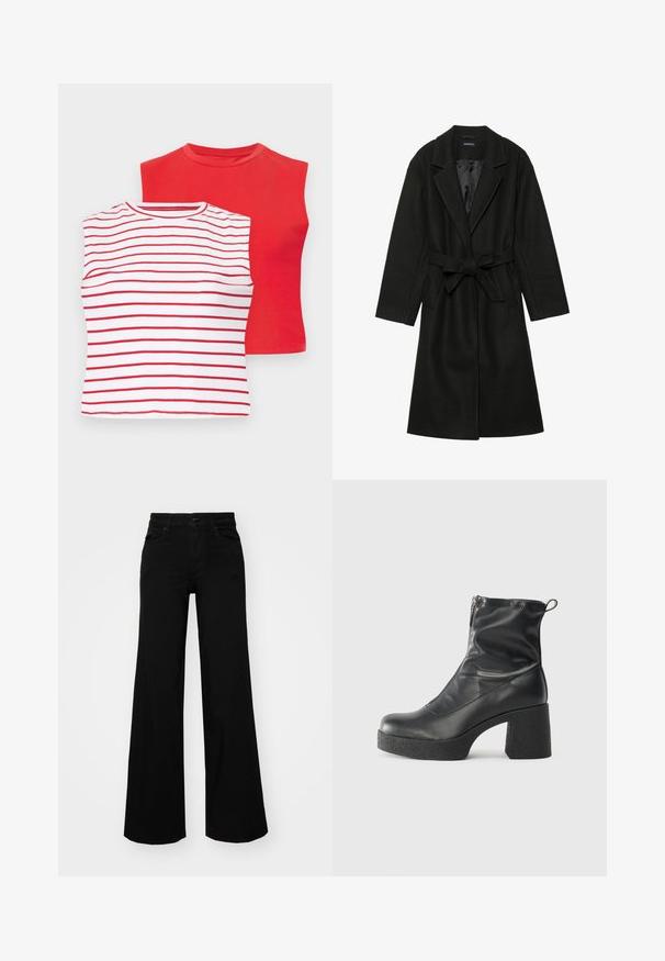 Even&Odd BELTED COAT - Klasický kabát - black; Dve tričká s krátkym rukávom: jedno v červenej jednofarbenej farbe a druhé biele s horizontálnymi červenými pruhmi. Obe majú okrúhle výstrihy a mäkkú bavlnenú textúru.; Čierne široké nohavice z denimu s pevným pásom, pútkami na opasok a prednými vreckami. Hladká štruktúra s klasickým dizajnom.; Čierne členkové topánky z hladkej kože, so bočným zipsom, robustnou textúrovanou pätnou časťou a zaobleným dizajnom špičky.