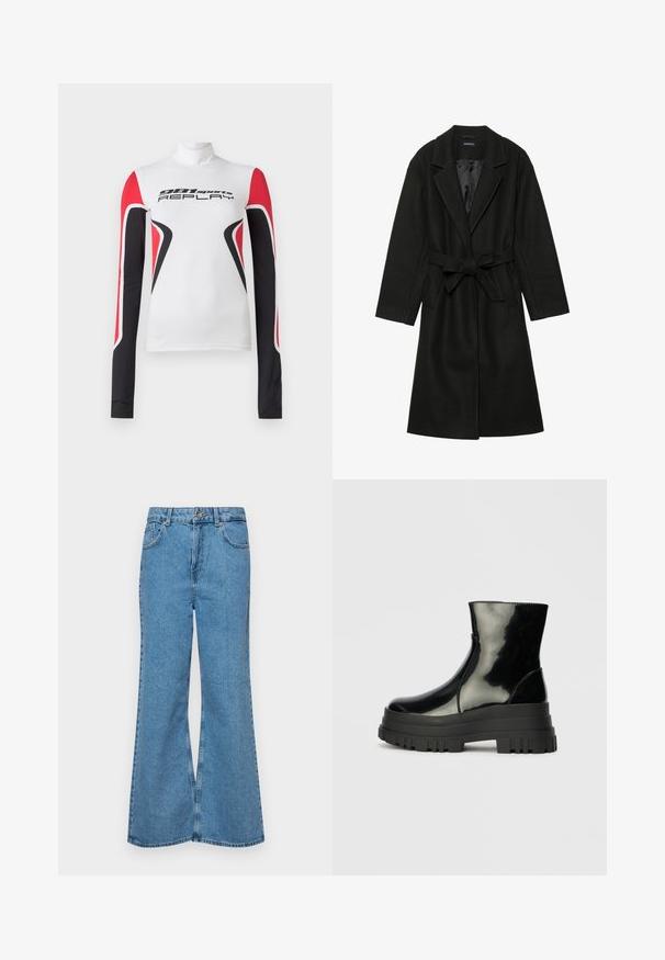 Even&Odd BELTED COAT - Classic coat - black; White long-sleeve sports top with red and black geometric patterns and "981 sports REPLAY" text on front, featuring a high collar.; Light blue flared jeans made of denim, featuring a high waist, five pockets, and a single button closure. Soft texture with faded finish.; Black glossy ankle boot with thick lug sole and rounded toe, side view on plain light gray background.