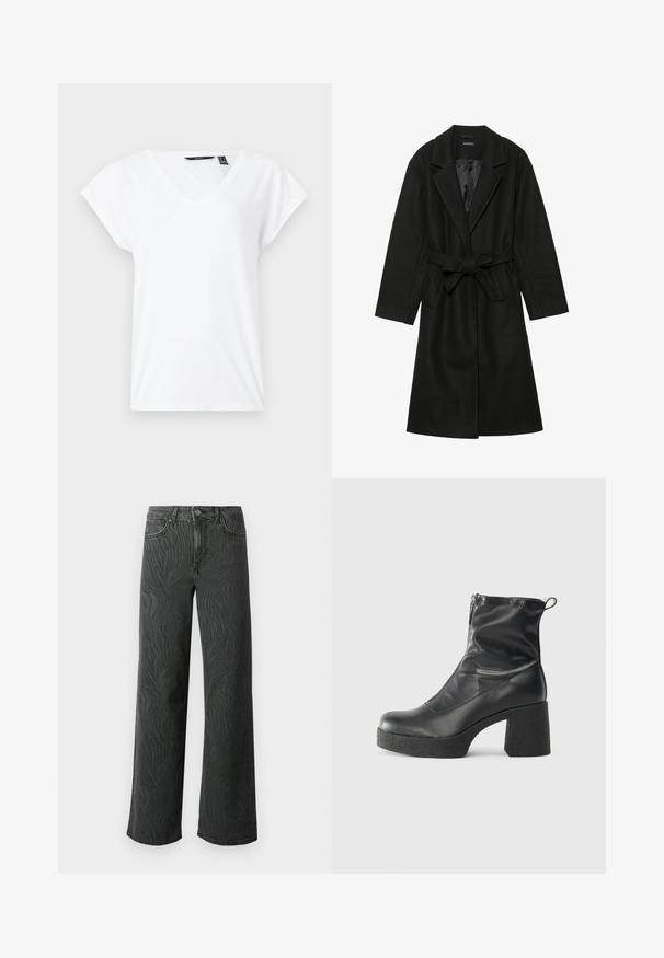 Even&Odd BELTED COAT - Klasikinis paltas - black; Balta V formos marškinėliai iš minkštos medžiagos su trumpomis, suktomis rankovėmis. Paprastas, minimalus dizainas su laisvu kirpimu. Be raštų ar akcentų.; Platus džinsai tamsiai pilkoje denimo medžiagoje, su subtiliu zebro rašto tekstūra, kontrastinėmis siūlėmis ir penkių kišenių dizainu su mygtukiniu užsegimu.; Juodos kulkšninių botai, pagaminti iš lygaus odos, su šoniniu užtrauktuku, masyviu tekstūruotu kulnu ir apvaliu pirštu.