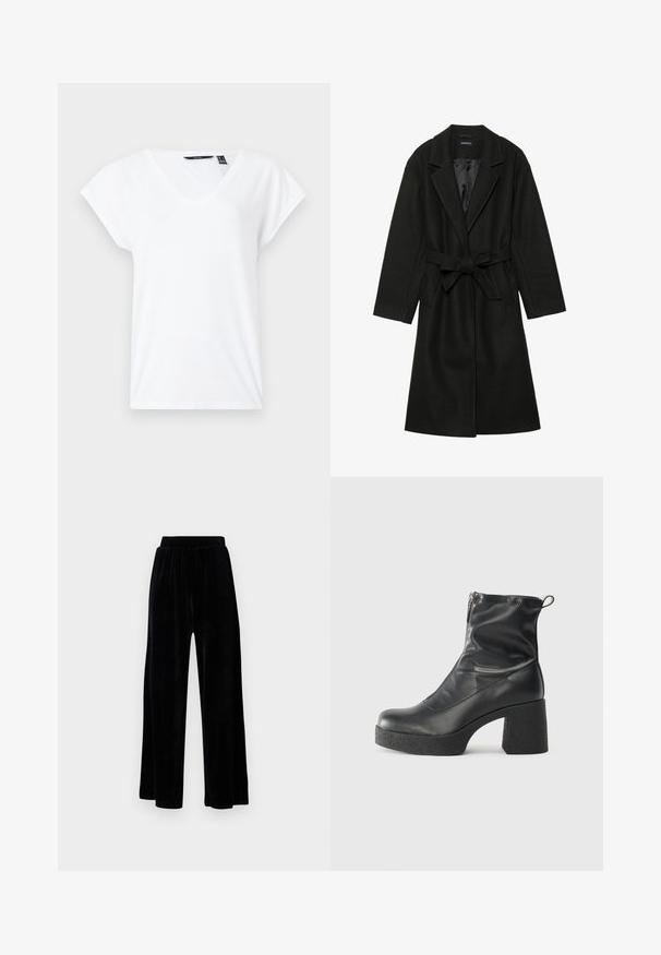 Even&Odd BELTED COAT - Klasični plašč - black; Bela V-izrezana majica kratkih rokavov iz mehkega materiala, s kratkimi, zvitimi rokavi. Preprost, minimalističen dizajn s sproščenim krojem. Brez vzorcev ali dodatkov.; Črne široke hlače iz mehkega žameta, z elastičnim pasom in gladko teksturo, brez vidnih detajlov ali vzorcev.; Črne gležnjarje iz gladke kože z božnim zadrgo, masivnim teksturiranim peto in zaobljeno obliko prstov.