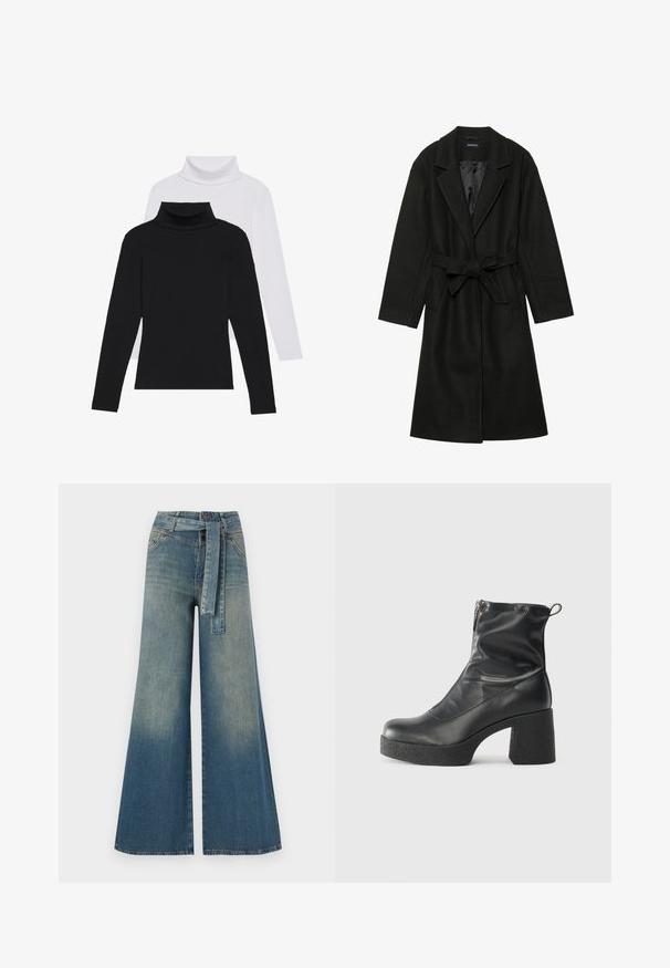 Even&Odd BELTED COAT - Klassischer Mantel - black; Schwarz-weiße Langarm-Turtlenecks übereinander gestapelt, aus geripptem Stoff, mit taillierten Formen und hohen Kragen.; Weit geschnittene Denim-Hosen mit einem Farbverlauf von hellblau zu dunkelblau, hoher Taille, Gürtelschlaufen und einem passenden Stoffgürtel. Strukturierte Denim-Oberfläche.; Schwarze Stiefeletten aus glattem Leder mit seitlichem Reißverschluss, klobigem strukturiertem Absatz und runder Zehenform.