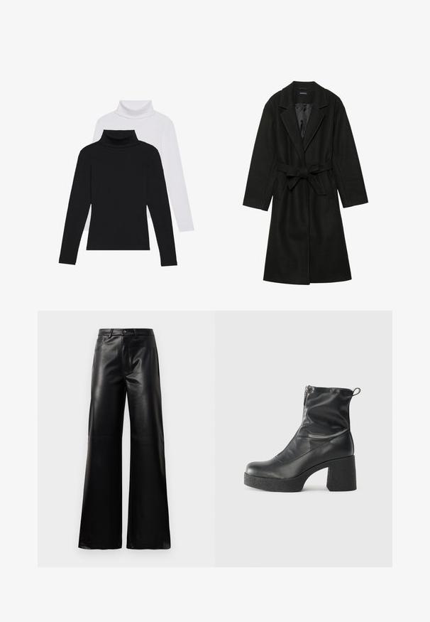 Even&Odd BELTED COAT - Klassischer Mantel - black; Schwarz-weiße Langarm-Turtlenecks übereinander gestapelt, aus geripptem Stoff, mit taillierten Formen und hohen Kragen.; Schwarze leichte, weit geschnittene, hochtaillierte Kunstlederhose mit vorderem Knopf, Reißverschluss, Gürtelschlaufen und Seitentaschen auf weißem Hintergrund.; Schwarze Stiefeletten aus glattem Leder mit seitlichem Reißverschluss, klobigem strukturiertem Absatz und runder Zehenform.