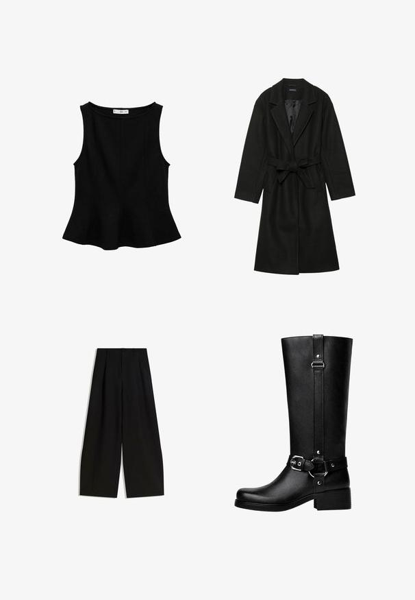 Even&Odd BELTED COAT - Klassischer Mantel - black; Schwarzes ärmelloses Oberteil mit rundem Ausschnitt, ausgestellt geschnittenem Saum und vertikalen Nähdetails. Hergestellt aus einem glatten, dehnbaren Stoff.; Schwarze weite Hosen aus glattem Stoff, mit hoher Taille, Falten an der Vorderseite und ohne sichtbare Verzierungen oder Muster.; Hohe schwarze Kunstlederstiefel mit einer abgerundeten Zehe, einem Akzentgürtel-Schnallen-Detail und einem stabilen Absatz. Glatte Textur und vertikale Naht am Schaft.