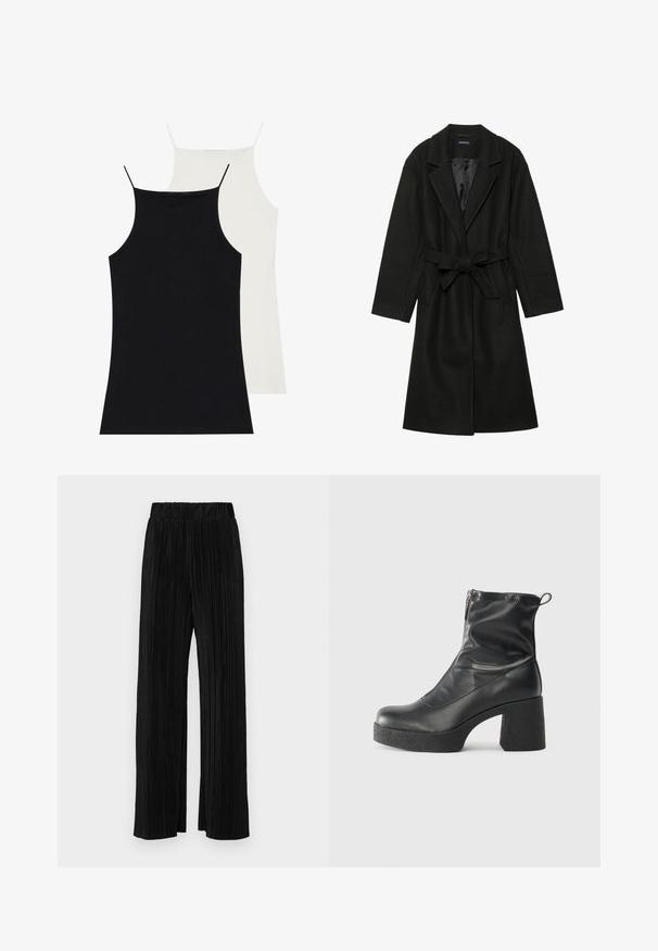 Even&Odd BELTED COAT - Klasický kabát - black; Dve tielka v čiernej a bielej farbe, vyrobené z mäkkej textílie. Obe majú tenké ramienka a priliehajúci strih, s hladkou textúrou.; Čierne plisované nohavice s elastickým pásom. Majú široké nohavice a hladkú, textúrovanú látku s vertikálnymi pruhmi.; Čierne členkové topánky z hladkej kože, so bočným zipsom, robustnou textúrovanou pätnou časťou a zaobleným dizajnom špičky.