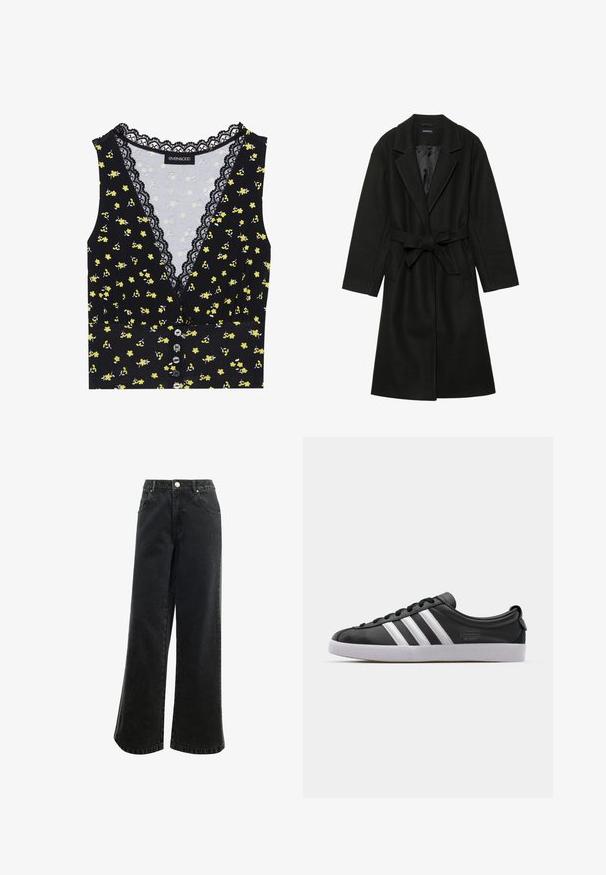 Even&Odd BELTED COAT - Classic coat - black; Black top with yellow floral pattern, lace trim on neckline, button front closure, and a fitted design. Soft fabric with slight stretch.; High-waisted, wide-leg black denim pants with a button closure, five pockets, and a small logo embroidered on the front. Textured fabric.; Black leather sneaker with white three-stripe design, rounded toe, flat white rubber sole, and branded detail on the side.