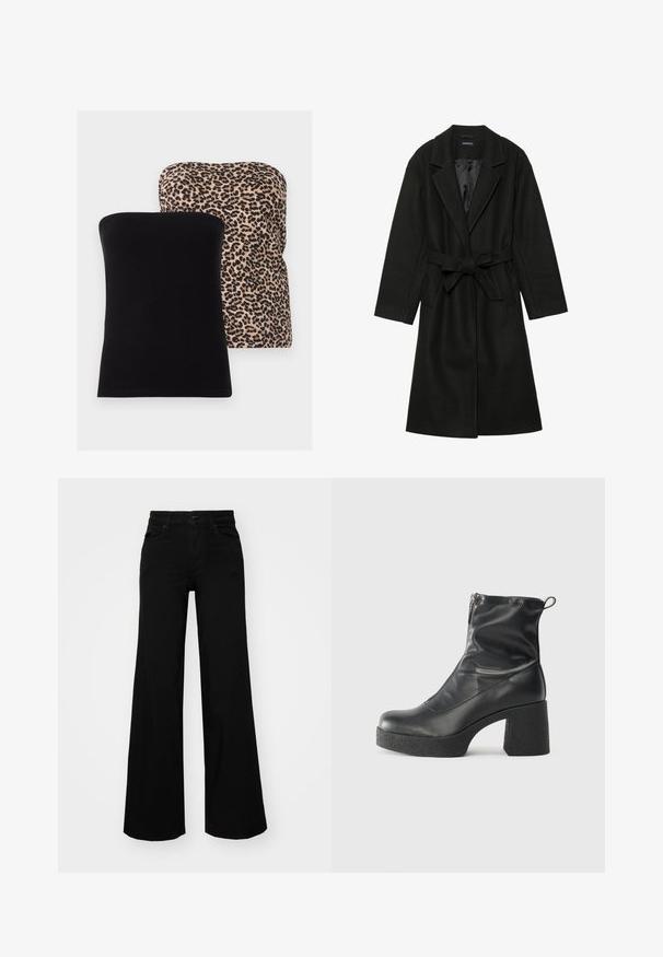 Even&Odd BELTED COAT - Κλασικό παλτό - black; Δύο αμάνικα τοπ: το ένα σε μαύρο στερεό χρώμα και το άλλο με μπεζ φόντο και μαύρο λεοπάρ σχεδιασμό. Και τα δύο έχουν λεία υφή και κλασική γραμμή.; Μαύρο παντελόνι με φαρδιά μπατζάκια από τζίν, με δομημένη μέση, θηλιές ζώνης και μπροστινές τσέπες. Λείος υφασμάτινος σχεδιασμός με κλασική εμφάνιση.; Μαύρες μποτές μέχρι τον αστράγαλο από λείο δέρμα, με πλευρικό φερμουάρ, χοντρό υφασμάτινο τακούνι και στρογγυλή μύτη.