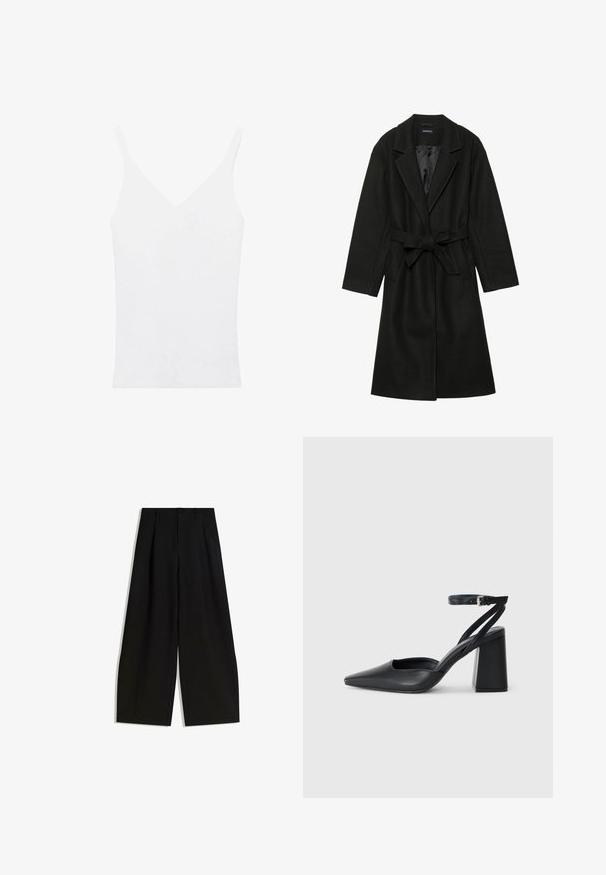 Even&Odd BELTED COAT - Classic coat - black; White tank top with thin straps, V-neckline, fitted design, and ribbed texture. Material appears soft and lightweight.; Black wide-leg trousers made of smooth fabric, featuring a high waist, pleats at the front, and no visible embellishments or patterns.; Black leather pointy-toe pump with an ankle strap and a chunky heel. Flat texture, sleek design, and minimalistic aesthetics.