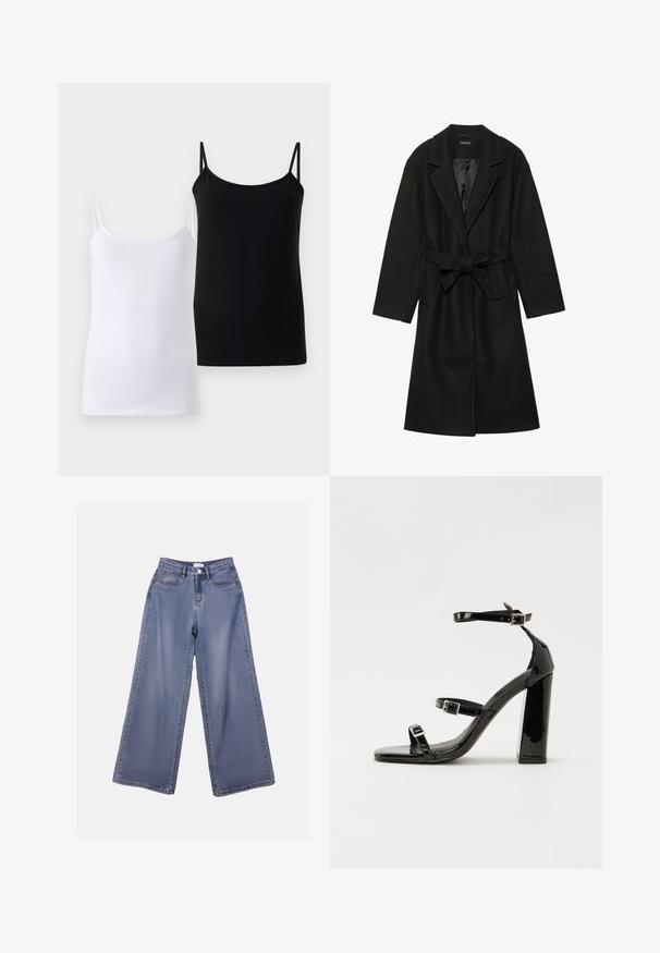 Even&Odd BELTED COAT - Klasický kabát - black; Dve tielka, jedno biele a jedno čierne, vyrobené z jemnej bavlny. Každé z nich má tenké ramienka a jednoduchý, hladký dizajn.; Džínsy s širokými nohavicami v svetlomodrom umývaní, s vysokým pásom, prednými vreckami a zapínaním na gombík s pútkami na opasok.; Čierne lakované sandále na podpätku so štvorcovou špičkou, navlečenými remienkami okolo členku a striebornými prackami. Disponujú masívnym blokovým podpätkom pre stabilitu.