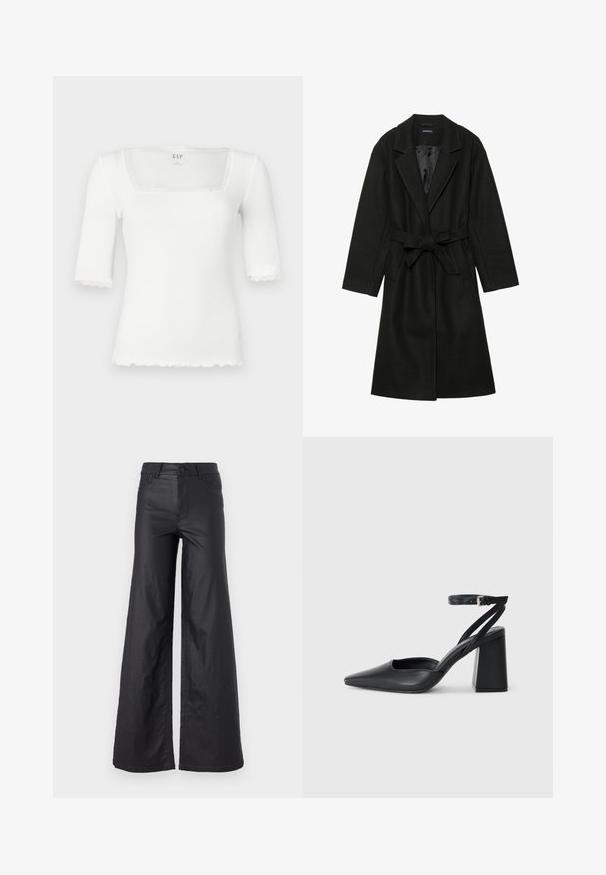 Even&Odd BELTED COAT - Klasičan kaput - black; Bijeli uski top sa kvadratnim izrezom i kratkim rukavima. Ukrašen čipkastim obrubom duž vrata i rubova rukava. Izrađen od rebraste tkanine.; Crne široke hlače od umjetne kože. Imaju visoki struk, petlje za remen, dva prednja džepa i šivanu obradu.; Crne kožne cipele s špicastim vrhom, remenom oko gležnja i debelim potplatom. Ravna tekstura, elegantan dizajn i minimalistička estetika.