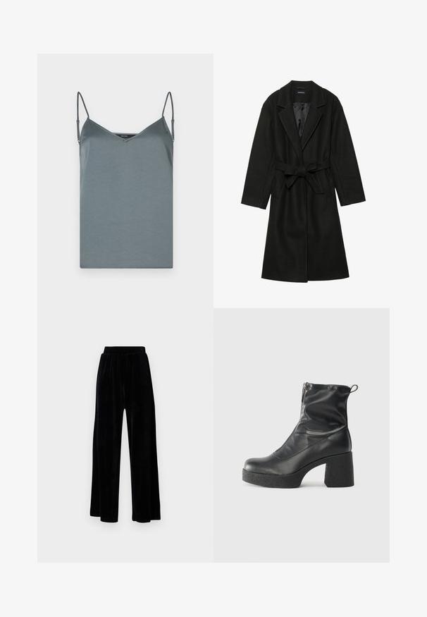 Even&Odd BELTED COAT - Klasszikus kabát - black; Szürke, selyem camisole v-nyakkivágással, állítható pántokkal és sima textúrával. Egyenes szegély, minta vagy díszítés nélkül.; Fekete, széles szárú nadrág puha velúrból, rugalmas derékkal és sima textúrával, látható díszítés vagy mintázat nélkül.; Fekete bokacsizmák sima bőrből, oldalsó cipzárral, vastag, texturált sarkú és lekerekített orrú dizájnnal.