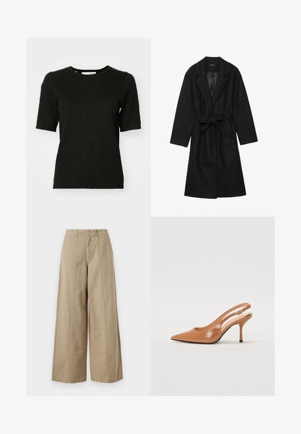 Even&Odd BELTED COAT - Klasikinis paltas - black; Juodas trumpomis rankovėmis viršus su tekstūruotu deimanto raštu, apvaliu iškirpimu ir iškiliais rankogaliais. Pagamintas iš minkštos trikotažo medžiagos.; Smėlio spalvos plačios kelnės, pagamintos iš tvirto medvilnės, su mygtuko užsegimu, diržo kilpomis ir švariu priekiu be matomų kišenių.; Pailgų smailiu pirštu slingback kulnas, pagamintas iš lygaus, blizgaus rudos spalvos medžiagos. Yra kreivų išpjovimų dizainas ir lieknas stiletto kulnas. Sidabrinė sagtis.