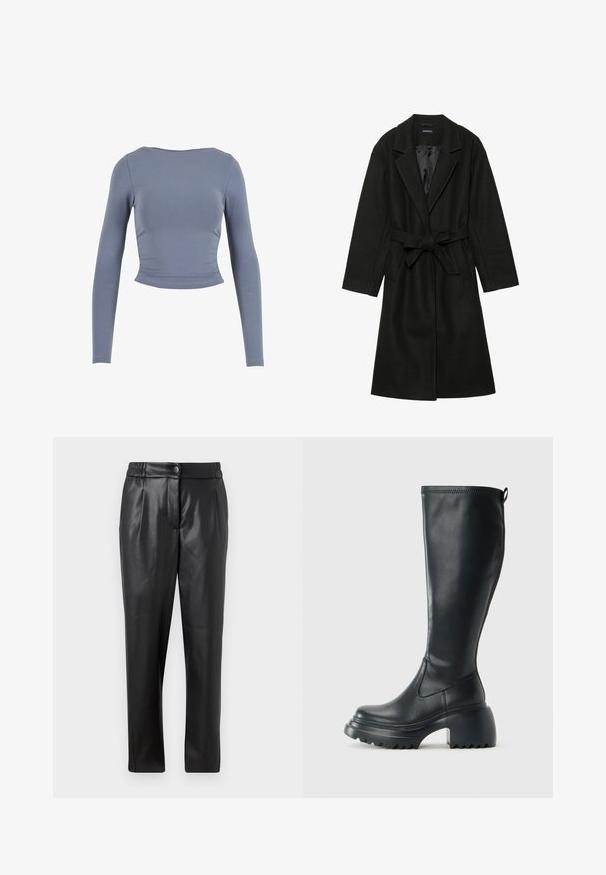 Even&Odd BELTED COAT - Klasisks mētelis - black; Ilgi piedurkņu cropped tops mīkstā, elastīgā audumā; ar apaļu kakla izgriezumu un savērtām sānu detaļām, pelēkzilā krāsā.; Melni ādas bikses ar gludu tekstūru, taisnu piegriezumu, elastīgu jostasvietu un priekšējo pogu aizdari; ar krokām un sašaurinātām kājām.; Augstas melnas ādas zābakus ar masīvu platformu un bloka papēdi, ar vilkšanas cilpu un strukturētu profilu uz ārējā zoles.