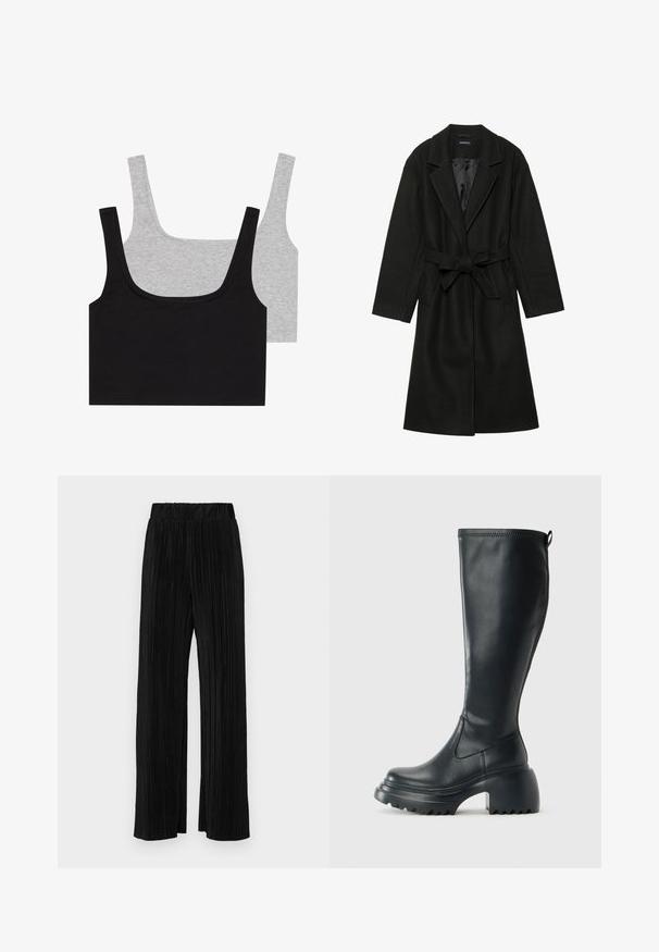 Even&Odd BELTED COAT - Klasičan kaput - black; Dva topa na bazi pamuka: jedan crni i jedan sivi, oba s rebrastim teksturom i širokim trakama, sa ovalnim izrezom i udobnim krojem.; Crne plisirane hlače s elastičnim pojasom. Imaju široke nogavice i glatku, teksturiranu tkaninu s vertikalnim prugama.; Visoke crne kožne čizme s debelim platformskim đonom i blok petom, s patentom za povlačenje i teksturiranim uzorkom na potplatu.