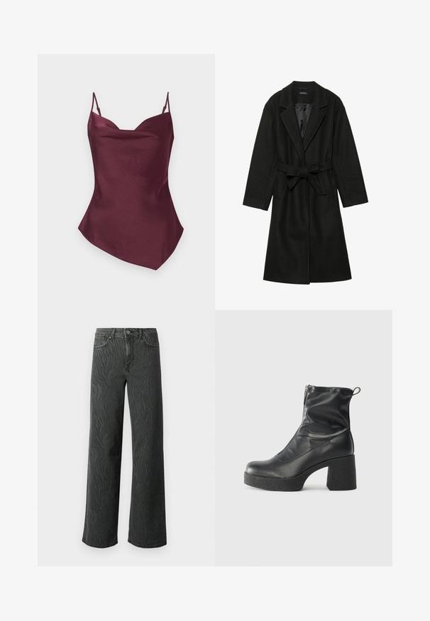 Even&Odd BELTED COAT - Cappotto classico - black; Camisola in satin bordeaux con spalline sottili, caratterizzata da scollatura a V e orlo leggermente asimmetrico, texture liscia e silhouette aderente.; Jeans a gamba larga in denim grigio scuro, con una sottile texture a zebra, cuciture a contrasto e design a cinque tasche con chiusura a bottone.; Stivali neri alla caviglia in pelle liscia, con zip laterale, tacco spesso e texture, e punta arrotondata.