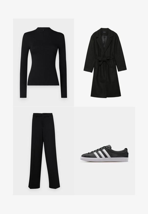 Even&Odd BELTED COAT - Klasszikus kabát - black; Fekete, hosszú ujjú, bordázott felső magas nyakkal és hátsó cipzár részlettel, testhezálló fazonnal és puha tapintással.; Fekete, széles szárú nadrág sima anyagból, klasszikus derékrésszel, gombzárral és elülső redőkkel.; Fekete bőr sneaker fehér háromcsíkkal, kerek orral, lapos fehér gumitalppal és márkázott részlettel az oldalon.