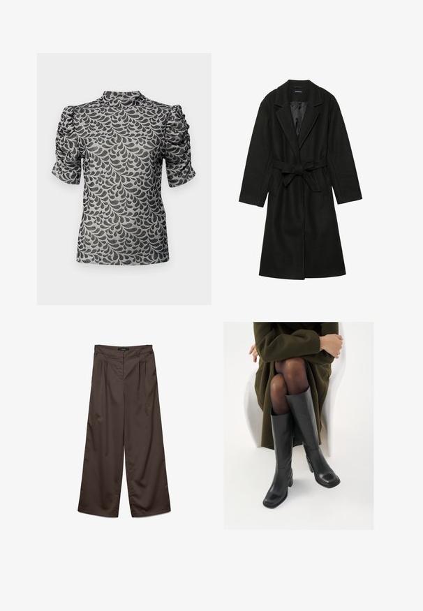 Even&Odd BELTED COAT - Klasisks mētelis - black; Krāsota pelēkā audumā ar melnu lapu rakstu, īsām piedurknēm un augstu apkakli. Piedurknes ir gatherējamas, radot teksturētu dizainu.; Plati kāju bikses tumši brūnā audumā ar gludu tekstūru. Iezīmes ietver frontā esošas krokas un standarta jostasvietu.; Ceļgalu augstuma melni ādas zābaki ar kvadrātu purngalu un bloku papēdi, attēloti modelī, kurš sēž olīvu zaļā mētelī. Gluda tekstūra, minimāla apdare.