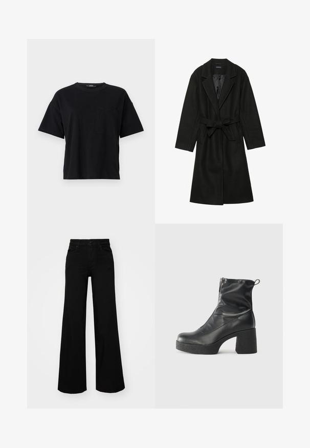 Even&Odd BELTED COAT - Classic coat - black; Black cotton t-shirt with a crew neckline, short sleeves, and a left chest pocket. Features a relaxed fit and stitched hems.; Black wide-leg pants made of denim, featuring a structured waistband, belt loops, and front pockets. Smooth texture with a classic design.; Black ankle boots made of smooth leather, featuring a side zipper, chunky textured heel, and rounded toe design.