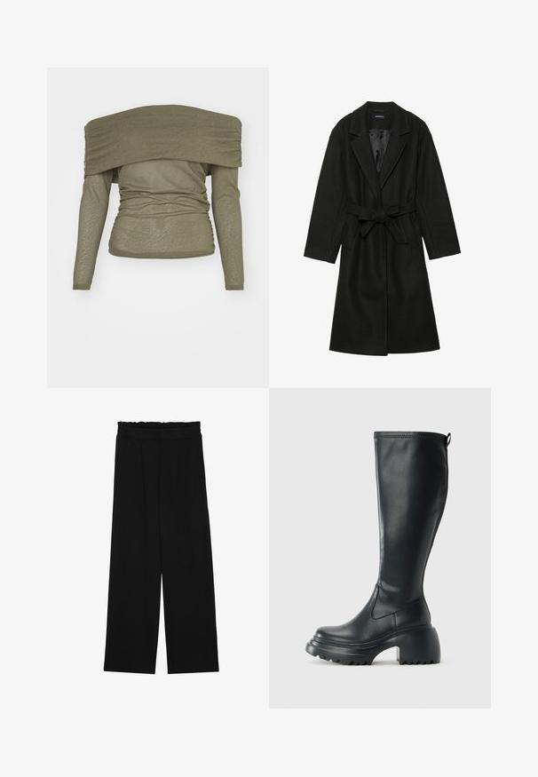 Even&Odd BELTED COAT - Classic coat - black; Olive green long-sleeve top with an off-the-shoulder design, gathered texture, and a fitted silhouette. Soft, lightweight material.; Black wide-leg trousers with a ruffled waistband, featuring two side pockets and a smooth, lightweight fabric. No visible patterns or hardware.; Tall black leather boot with chunky platform sole and block heel, featuring pull tab and textured tread on outsole.