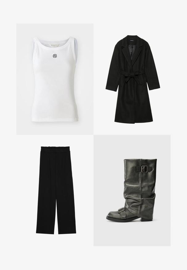 Even&Odd BELTED COAT - Classic coat - black; White tank top made of ribbed fabric, featuring a scoop neckline and a black logo on the front. Sleeveless design with a fitted silhouette.; Black wide-leg trousers with a ruffled waistband, featuring two side pockets and a smooth, lightweight fabric. No visible patterns or hardware.; Black faux leather ankle boot with a slouchy shaft, a chunky heel, and two metallic buckles on the side for detail.
