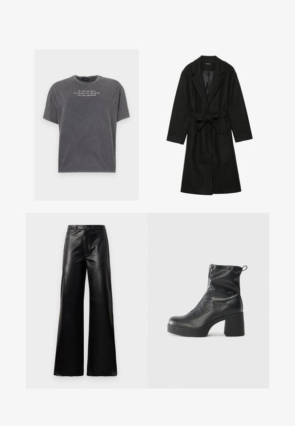 Even&Odd BELTED COAT - Klasikinis paltas - black; Even&Odd TONIA TEE - Marškinėliai su spaudiniu - black; Juodos aukšto juosmens plačios kojų dirbtinės odos kelnės su priekiniais mygtukais, užtrauktuku, diržo kilpomis ir šoninėmis kišenėmis ant balto fono.; Juodos kulkšninių botai, pagaminti iš lygaus odos, su šoniniu užtrauktuku, masyviu tekstūruotu kulnu ir apvaliu pirštu.