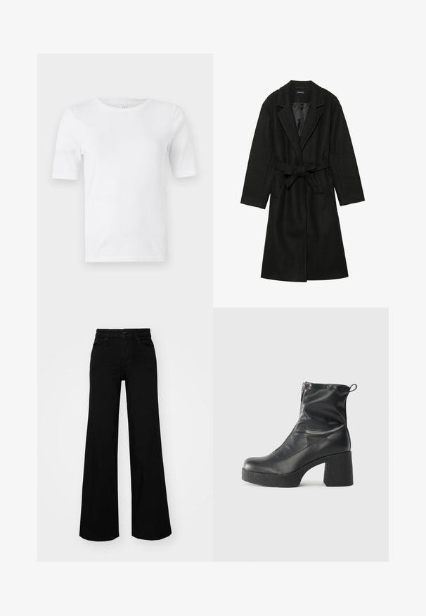 Even&Odd BELTED COAT - Classic coat - black; White cotton T-shirt with a round neck and short sleeves. Smooth texture, regular fit. No patterns or accents visible.; Black wide-leg pants made of denim, featuring a structured waistband, belt loops, and front pockets. Smooth texture with a classic design.; Black ankle boots made of smooth leather, featuring a side zipper, chunky textured heel, and rounded toe design.