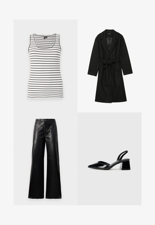 Even&Odd BELTED COAT - Manteau classique - black; Débardeur à rayures noires et blanches horizontales. Doté d'un encolure dégagée et de bretelles fines. Tissu doux et extensible.; Pantalons larges en faux cuir noire taille haute avec bouton avant, fermeture éclair, passants de ceinture et poches latérales sur fond blanc.; Escarpins en cuir verni noir avec bout pointu et talon bloc géométrique. Présente un design élégant et minimaliste ainsi qu'une texture lisse.