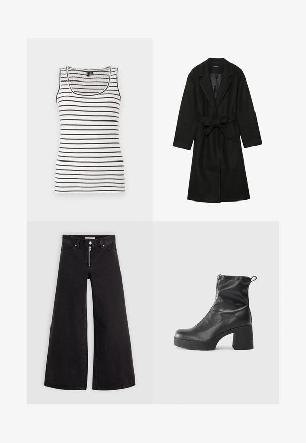 Even&Odd BELTED COAT - Klasisks mētelis - black; Ribota bezpiedurkne blūze ar melnbaltiem horizontāliem svītrām. Ar apaļu apkakli un plānām siksnām. Mīksts, elastīgs audums.; Platas kājas džinsi melnā džinsa audumā ar rāvējslēdzēju priekšā, piecu kabatu dizains un smalkas šuvju detaļas. Gluda tekstūra un ikdienišķs stils.; Melni potītes zābaki, kas izgatavoti no gludas ādas, ar sānu rāvējslēdzēju, masīvu strukturētu papēdi un noapaļotu purngalu.