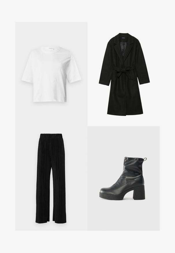 Even&Odd BELTED COAT - Klasisks mētelis - black; Balta īsa T-kreklis no mīksta auduma ar īsām piedurknēm, apaļu kakla izgriezumu un viļņainām šuvēm, kas piešķir tekstūru.; Melni plīšu bikses ar elastīgu jostu. Tām ir platākas kājas un gluda, teksturēta auduma ar vertikālām svītrām.; Melni potītes zābaki, kas izgatavoti no gludas ādas, ar sānu rāvējslēdzēju, masīvu strukturētu papēdi un noapaļotu purngalu.