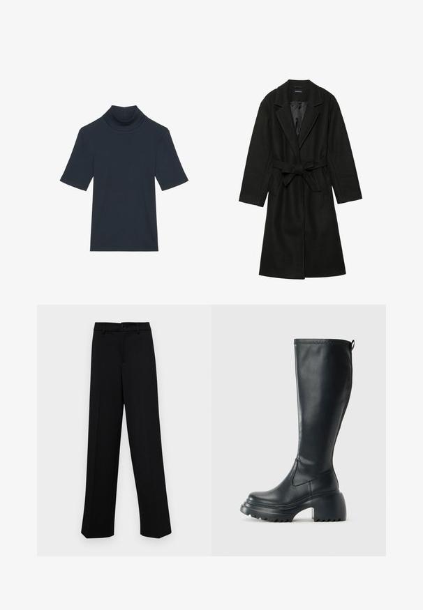 Even&Odd BELTED COAT - Classic coat - black; Dark navy blue short-sleeve turtleneck top made from ribbed fabric. Features a fitted silhouette and smooth texture.; Black wide-leg trousers made of smooth fabric, featuring a classic waistband with a button closure and front pleats.; Tall black leather boot with chunky platform sole and block heel, featuring pull tab and textured tread on outsole.