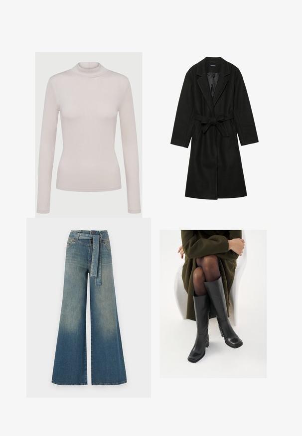 Even&Odd BELTED COAT - Klasičan kaput - black; Svijetlosmeđi dugi rukav turtleneck majica izrađena od mekane, rastezljive tkanine. Prilagođeni dizajn s reljefnom teksturom i standardnim manžetama.; Široke traperice s gradijentom od svijetloplave do tamnoplave, visokog struka, petljama za remen i remenom od istog materijala. Teksturirana traper tkanina.; Čizme od crne kože do koljena sa četvrtastim vrhom i blok petom, prikazane s manekenkom koja sjedi u maslinasto zelenom kaputu. Glatka tekstura, minimalni detalji.