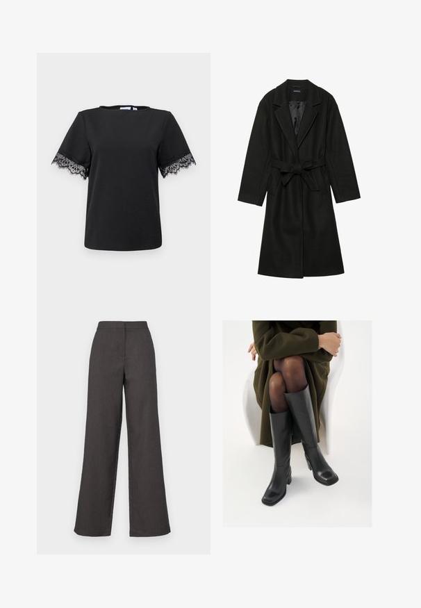 Even&Odd BELTED COAT - Classic coat - black; Black t-shirt with short sleeves featuring delicate black lace accents at the cuffs. Smooth texture, round neckline, and casual design.; Wide-leg trousers in dark gray fabric, featuring a high waist and smooth finish. Clean lines with no visible patterns or embellishments.; Knee-high black leather boots with a squared toe and block heel, shown with a model seated in an olive green coat. Smooth texture, minimal detailing.