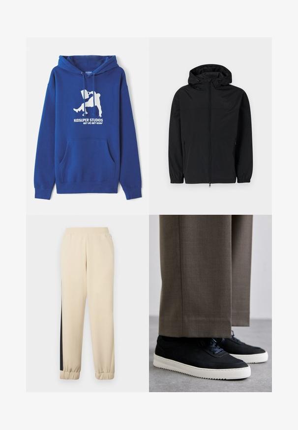 Giacca nera con cappuccio realizzata in tessuto leggero e opaco. Presenta una chiusura con zip, polsini elasticizzati e tasche laterali. Logo discreto sul petto.; Felpa blu in misto cotone, con tasca a marsupio frontale, cordoncini e stampa grafica bianca con nome del marchio e slogan.; Pantaloni sportivi color crema con strisce laterali nere, vita elastica e polsini a costine. Tessuto morbido con vestibilità rilassata.; Sneakers in suede nera con suole in gomma bianca, dotati di punta tonda e lacci, indossati con pantaloni grigi su misura.