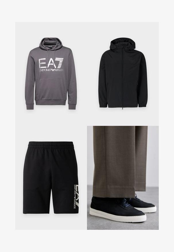 Must musta kapuutsiga jakk, mis on valmistatud kerge, mati kangaga. Omab lukuga sulgemist, elastseid varrukaid ja küljetaskuid. Rindkeres on diskreetne logo.; EA7 Emporio Armani FELPA - Kapuutsiga pusa - volcanic glass; EA7 Emporio Armani TRAIN VISIBILITY  - Lühikesed püksid - black/cream; Mustad suleed sneakers valge kummist tallaga, ümarate varvaste ja paeltega, kantud hallide ülikonna pükste kõrval.