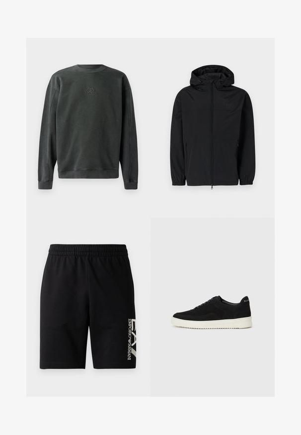 Svart hettejakke laget av lett, matt stoff. Har glidelås, elastiske mansjetter og sidelommer. Diskret logo på brystet.; Mørkegrå genser med rund hals, ribbestrikkede ermer og nederkant. Har et lite brodert design i midten. Myk, strukturert stoff.; EA7 Emporio Armani TRAIN VISIBILITY - Shorts - black/cream; Svart semsket sneakers med snøring og kontrasterende hvit gummisåle. Har teksturerte sidepaneler og subtil merkevare på hælen.