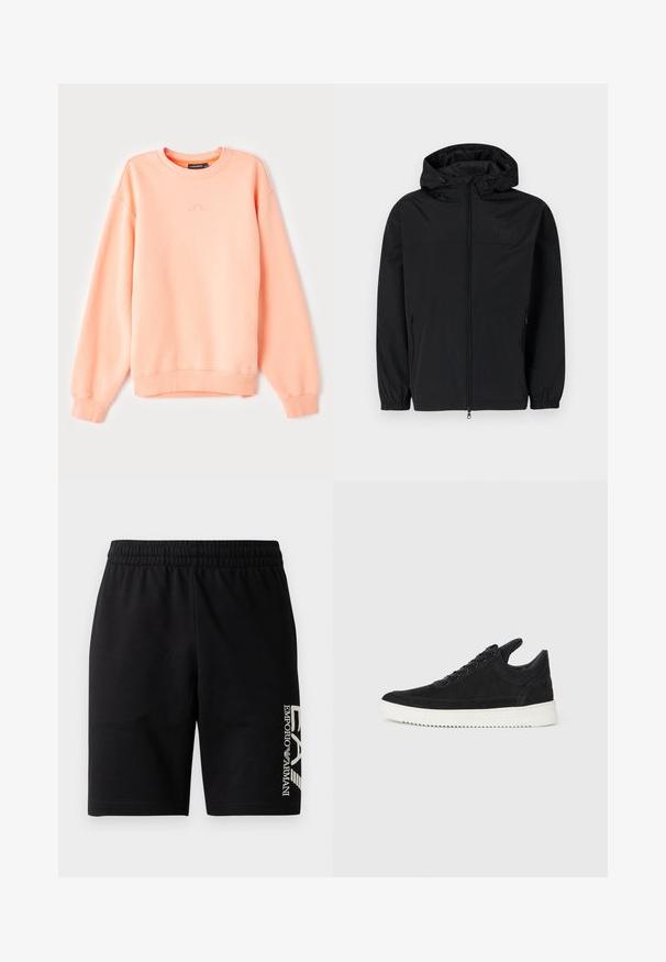Melnā kapuce jaka, izgatavota no viegla, matēta auduma. Aprīkota ar rāvējslēdzēju, elastīgām piedurknēm un sānu kabatām. Uz krūtīm ir diskrēts logs.; Persiku krēmkrāsas džemperis ar ribotiem piedurkņu un apakšmaliem, ar apaļu izgriezumu un diskrētu logotipu izšūtu uz krūtīm. Mīksts kokvilnas maisījuma audums.; EA7 Emporio Armani TRAIN VISIBILITY  - Šorti - black/cream; Melna zamša apavi ar baltu gumijas zoli, ar tonālu izšuvumu un auklu dizainu. Gluda tekstūra ar mūsdienīgu, plūstošu formu.