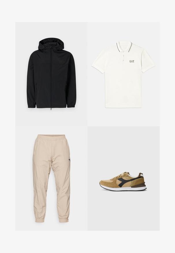 Casaco preto com capuz, feito de um tecido leve e mate. Apresenta um fecho de zip, punhos elásticos e bolsos laterais. Logótipo subtil no peito.; Camisa polo branca de mangas curtas, colarinho de duas casas, com detalhes em listras pretas e um pequeno logótipo EA7 preto no peito. Material em algodão.; Diadora TRACK PANTS ICON - Calças de fato de treino - humus; Sapatilhas desportivas em camurça e rede cor bege, com um destaque em preto, bico arredondado, fecho com atacadores e sola almofadada branca com padrão em preto.