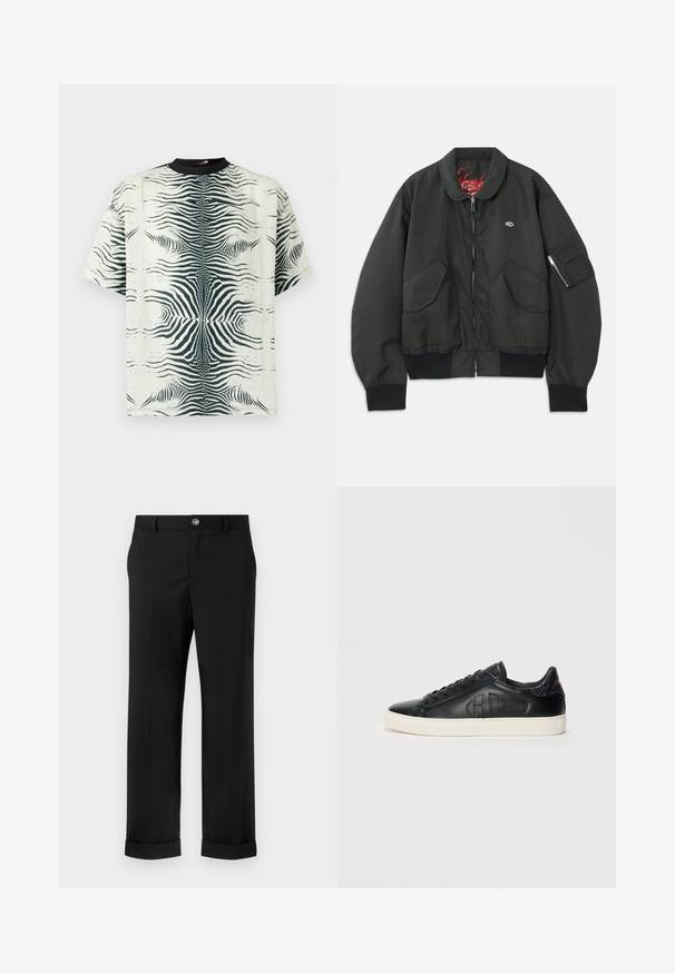 Černá bomber bunda se zipem vpředu, límcem a žebrovanými manžetami. Obsahuje dvě velké přední kapsy a kapsu na rukávu se zipovým uzavřením.; Krátký rukáv tričko v krémové látce s černým vzorem zebry, s kulatým výstřihem a volným střihem.; Černé kalhoty vyrobené z hladké látky, se střihem rovného nohavice, s předním skladem, knoflíkovým zapínáním a ohrnutým lemem na koncích nohavic.; Černé nízké kožené tenisky s bílou podešví, s embosovanými písmeny "RC" na boku, šněrováním vpředu a texturovaným patním tabem se zlatými nápisy.