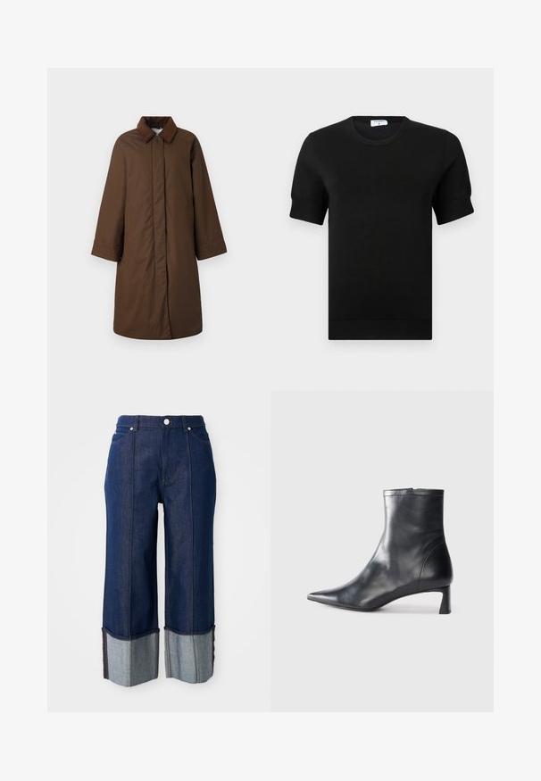 Bruine jas met een klassieke kraag, lange mouwen en een rechte snit, gemaakt van een gladde stof met een subtiele glans.; Zwart, fijngebreid topje met korte mouwen en een ronde hals. Heeft subtiele geribbelde details aan de mouwen en zoom, gemaakt van een gladde stof.; Donkerblauwe wijde jeans met opgerolde pijpen die lichter denim tonen, met een knoop aan de voorkant en zakken, op een witte achtergrond.; Zwarte leren enkellaars met een spitse neus en een slank ontwerp. Heeft een lage hak en een ritssluiting aan de achterkant. Gladde textuur.