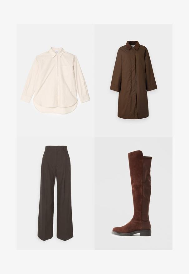 Hnědý kabát s klasickým límečkem, dlouhými rukávy a rovný střih, vyrobený z hladké tkaniny s jemným leskem.; Filippa K SAMMY  - Košilová halenka  - light beige; Tmavě hnědé kalhoty s širokými nohavicemi a vysokým pasem, s elegantně vyžehlenými puky, hladkou texturou a přesným střihem.; Vysoká hnědá suede a textilní bota s nízkým černým podpatkem a zaoblenou špičkou, zobrazená z bočního pohledu na čistém bílém pozadí.