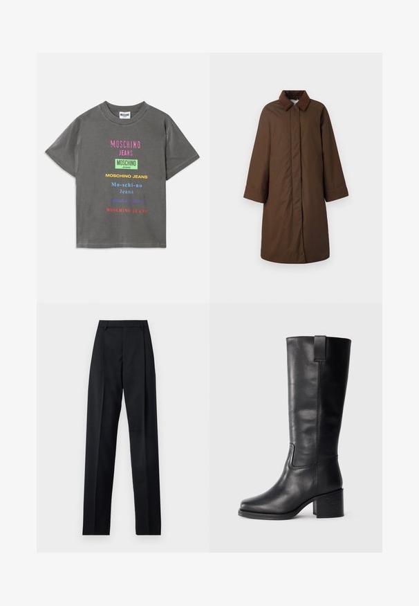 Ruskea takki, jossa on klassinen kaulus, pitkät hihat ja suora leikkaus, valmistettu sileästä kankaasta, jossa on hieno kiilto.; Harmaa puuvillainen t-paita, jossa on eri fonteilla kirjoitettua värikästä "MOSCHINO JEANS" -tekstiä, rento malli ja pyöreä kaula-aukko.; Musta housut, jotka on valmistettu sileästä kankaasta ja joissa on korkea vyötärö, leveät lahkeet, etukaarteet ja klassiset vyölenkit. Ei näkyviä sivutaskuja.; Mustat nahkasaappaat, jotka ulottuvat polveen, sileällä pinnalla, neliön muotoisella varvalla, tukkipohjalla ja sivussa olevalla vetoketjulla, joissa on vain minimaalista ompelua.
