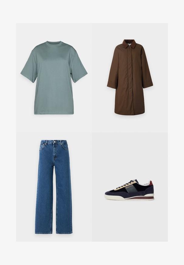 Brown coat featuring a classic collar, long sleeves, and a straight cut, made from a smooth fabric with a subtle sheen.; Light green oversized t-shirt made of cotton, featuring a round neckline and short sleeves. Subtle "BORG" logo in a matching shade.; Blue high-waist wide-leg jeans with front button and zip closure, front pockets, and belt loops on a white background.; Navy suede sneakers with beige and dark blue accents. Features a white rubber sole and gold branding on the side. Classic athletic design.