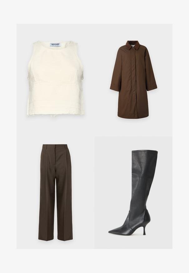 Cappotto marrone con colletto classico, maniche lunghe e taglio dritto, realizzato in un tessuto liscio con una leggera lucentezza.; Top cortissimo senza maniche in cotone bianco sporco con orlo grezzo. Presenta un collo rotondo e cuciture a pannello sottili. Etichetta con logo all'interno.; Pantaloni larghi marroni con una superficie liscia, dotati di vita alta, pince frontali e un design sartoriale. Nessuna tasca visibile o decorazioni.; Stivali neri in pelle al ginocchio con punta affusolata e tacco a stiletto sottile. Texture liscia con design aderente e cuciture lungo il bordo superiore.
