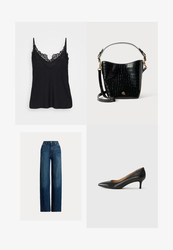 Zwarte gevoerde lange jas met een kraag, voorzien van een knoopsluiting, twee voorzakken en glanzende zwarte knopen. Glad, textuurachtig stof.; Zwarte camisole met kant langs de halslijn en de bandjes; zachte stof met een vloeiende ontwerp voor een relaxte pasvorm.; Wijde spijkerbroek in donkerblauw. Met een hoge taille, knoopsluiting en klassiek vijfzak ontwerp. Effen textuur met subtiele vervaging.; Zwarte leren pump met een puntige teen, lage hak en een gladde textuur. Heeft een lichte opening aan de voorkant en minimale hardware aan de achterkant.; Zwarte croco-embossed leren tas met een gebogen ontwerp, gouden hardware-accenten, een verstelbare schouderriem en een logo-detail aan de voorkant.