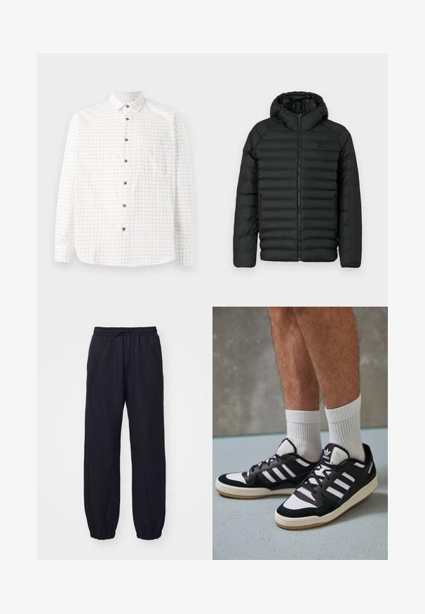 Casaco puffer preto com capuz, com design acolchoado, fecho de zip e bolsos laterais. Feito de material leve e resistente à água.; Camisa branca de botão com padrão em grelha azul-marinho, apresentando um bolso no peito, bainha arredondada e botões de madeira. Tecido leve.; Sofisticados calças de moletão pretas, feitas de um tecido macio, com um cós elástico e cordão, bainhas abauladas e costuras decorativas.; Ténis em preto e branco com upper em camurça e couro, apresentando três riscas brancas, um toe perfurado e uma sola em borracha de goma.