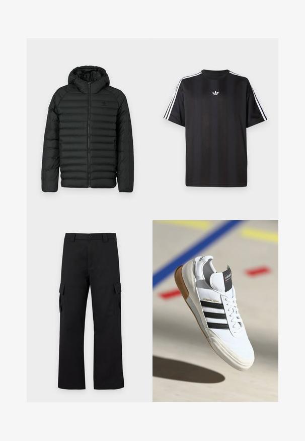 Črna napihnjena jakna s kapuco, ki ima kvadrasto obliko, z zadrgo in stranskimi žepi. Narejena je iz lahkega, vodoodpornega materiala.; Crna majica s kratkimi рукави in belimi трими črtami na ramah ter majhnim belim logotipom na prsih. Gladka tekstura tkanine.; Črne cargo hlače s ravnim krojem. Narejene so iz trpežnega materiala in imajo dve stranski žepi s poklopcem ter gumbasto zaponko.; Beli Adidas Mundial Goal športni copat z črnimi črtami in gumijastim podplatom, prikazan v zraku nad športnim igriščem z barvnimi črtami.