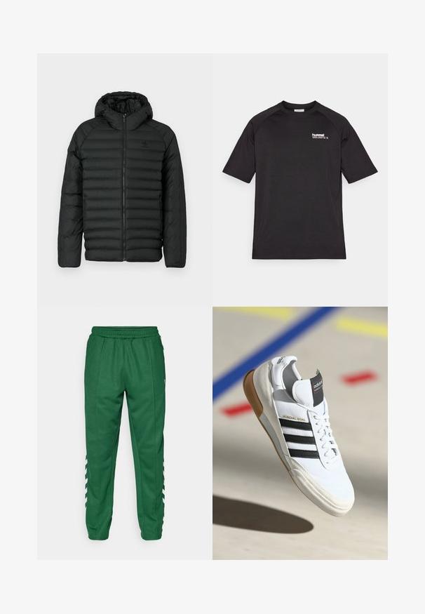 Zwarte pufferjas met capuchon, met een gequilt ontwerp, ritsluiting en zijzakken. Gemaakt van lichtgewicht, waterafstotend materiaal.; Zwarte t-shirt met korte mouwen van zachte stof, met een witte 'hummel' logo op de linkerkant van de borst en raglan-stijl mouwen.; Groene sportbroek met een elastische tailleband, zijzakken en witte diagonale strepen aan de onderkant. Gladde stofstructuur.; Witte Adidas Mundial Goal sneakers met zwarte strepen en gumzool, midden in de lucht boven een sportvloer met gekleurde lijnen.
