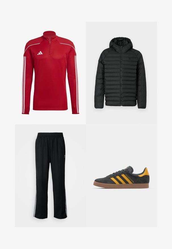 Giubbotto imbottito nero con cappuccio, caratterizzato da un design trapuntato, chiusura con zip e tasche laterali. Realizzato in materiale leggero e resistente all'acqua.; Pullover sportivo rosso con collo a zip, maniche lunghe, accenti bianchi a tre strisce sulle maniche e pannelli texture sulle spalle.; Pantaloni da allenamento neri con elastico in vita, dotati di bande laterali bianche e un piccolo logo. Il materiale sembra morbido e leggero.; Sneaker in suede nero con dettagli gialli, dotato di tre strisce e una suola in gomma marrone. Include una linguetta imbottita per il comfort.